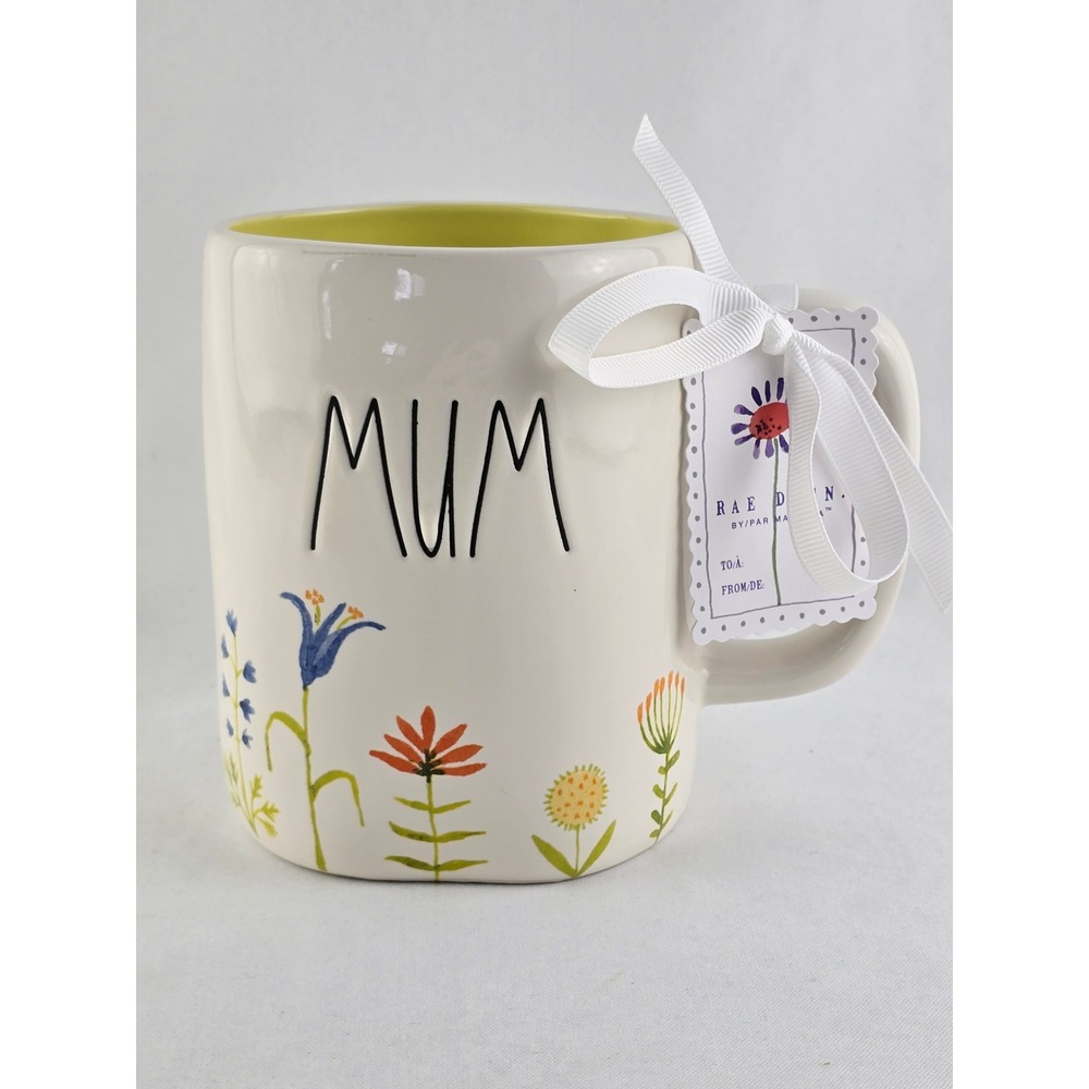 NWT Rae Dunn Women's MUM Floral Ceramic Mug Yellow Interior White